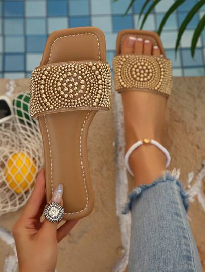 Plus Size 41-43 Women's Colorful Flat Sandals, Spring/Summer New Arrival Square Toe Slippers, Fashion Rhinestone One-Strap Slides, Comfortable Beach Flip Flops