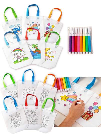 7/16/31pcs Random DIY Painting Graffiti Bags, Includes 8 Colors Watercolor Pens, Cartoon Coloring Tote Bags, Waterproof Non-Woven Fabric, Suitable For Classroom Activities, Games, Small Gifts, Gift Packaging, Birthday, Theme Party Favors