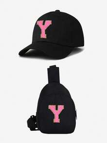2pcs Kids Black & Pink Letter Baseball Cap Set, 26 Letters Customizable, Fashion Minimalist Sun Hat, Compact & Portable, Suitable For Boys & Girls Outdoor, Spring/Summer - Black - View 37