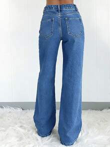 Quần jeans nữ dáng suông, cạp cao, ống rộng, chất liệu denim không co giãn, phong cách đường phố. - Rửa tối - Xem 4