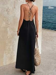 Women's Backless Metal Buckle A-Line Flare Hem Dress, Suitable For Vacation, Party, Gathering In Spring And Summer - Black - View 3