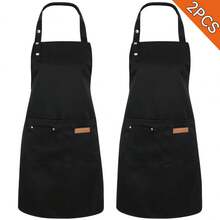 2 Pack Kitchen Aprons For Women Adjustable Cooking Aprons With Pockets Waterproof Chef Aprons In Black Polyester Material 75cm Length 65cm Base Width Practical Pockets & Adjustable Neck Professional Apron150ps - 黑色+黑色 - 查看 12