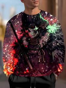 Men'S Gothic Anime Manga Graphic Sweatshirt - 3D Print Japanese Samurai & Oni Design, Loose Fit Round Neck Pullover With Pockets, Knit - Multicolor - View 2