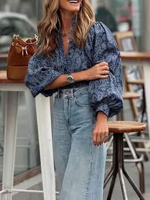 Plus Size Women's All-Over Print Puff Sleeve Casual Top And Blouse, Loose Fit Shirt - Blue - View 5