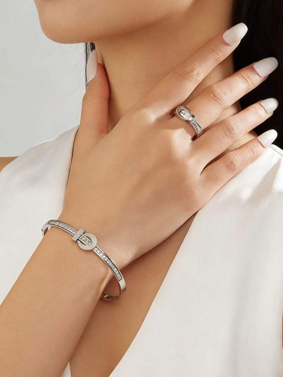 2pcs/Set Exquisite Stainless Steel Square Cubic Zirconia Bracelet & Ring Set, Jewelry Gift For Women Wedding Party Date - Silver - View 1