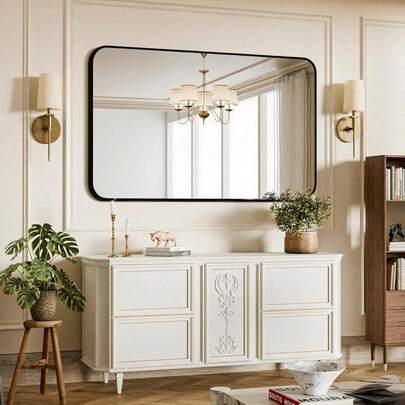 Lustro ścienne, luksusowe prostokątne lustro łazienkowe 90x60cm, szkło hartowane, lustro wiszące do łazienki, salonu, sypialni, dekoracji ściennej