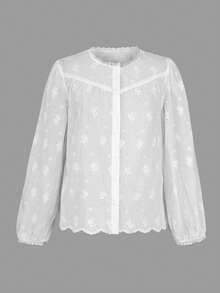 ii Women's Embroidered Lace Trim Single-Breasted Casual Versatile Commute Vacation Long Sleeve Blouse Spring White - White - View 3
