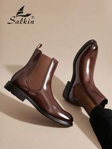 Salkin Vintage Designer Men's Chelsea Boots, Pull-On Style, Pointed Toe Design, Luxury Mid-Calf Ankle Boots, Men's Soft Genuine Leather Boots, Gentleman Business Formal Shoes, Daily Office Party Casual Shoes, Couple's Romantic Dinner Date Gift, Back To School Student Shoes, College Style, Suggest Sizing Up One Size - Rust Brown - View 11