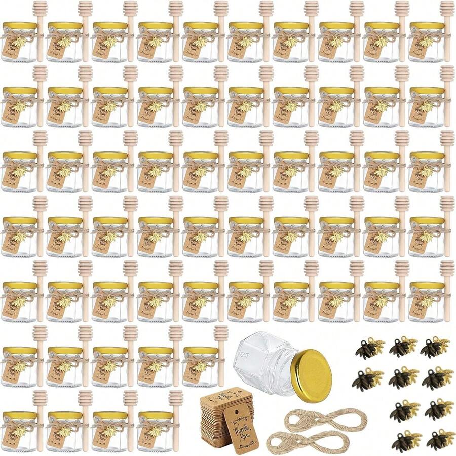 1.5oz Mini Glass Hexagon Canning Jars With Gold Lid, Bee Charms Honeybee Pendant, Honey Dipper Sticks, Jute Tag String, Thank You Gift Tags, Baby Shower Party Wedding Favors - Transparent - View 1
