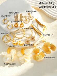 6/22件套简约优雅花朵耳钉，几何C形耳环，适合女性日常佩戴、派对聚会，也可作为朋友礼物 - 金黃色 - 查看 3