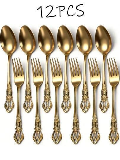 12pcs Royal Vintage Style Stainless Steel Spoon And Fork Set - Premium Mirror Polish, Dishwasher Friendly - Elegant Dessert Forks, Spoons, Coffee Spoons, Cake Forks, Fruit Forks, Stirring Spoons, Ice Cream Scoops - Fashion Silverware For Home, Kitchen, Afternoon Tea Gathering,Restaurant, Valentine's, Mother's Day, Summer Party - 6.6 Inches