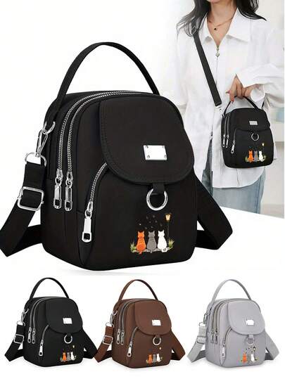 Ladies' Shoulder Bag With Little Cat Pattern | High-Quality Nylon Material, Zipper Closure, Lining,Women'S Fashion Oxford Cloth Messenger Bag, Versatile Accessory For Daily Use,Perfect Underarm Bag For Commuting,School Bag,Large Capacity