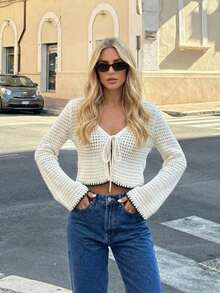 Women's Basic Semi-Sheer Short Knit Cover Up, Long Sleeve Tie-Front Casual Hollow Out Sweater - Apricot - View 1