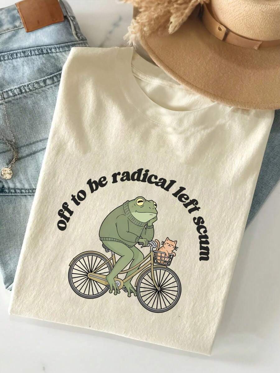 女士夏季青蛙字母印花休闲简约宽松日常街头风圆领短袖T恤 - 杏色 - 查看 1