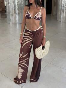 2pcs/Set Women's Summer Beach Bikini Set, Elegant Halter Neck Bikini Set, Floral Print With Contrast Trim Swimsuit, Mesh Beach Pants, Create Casual Beach Style Vacation - Brown - View 2
