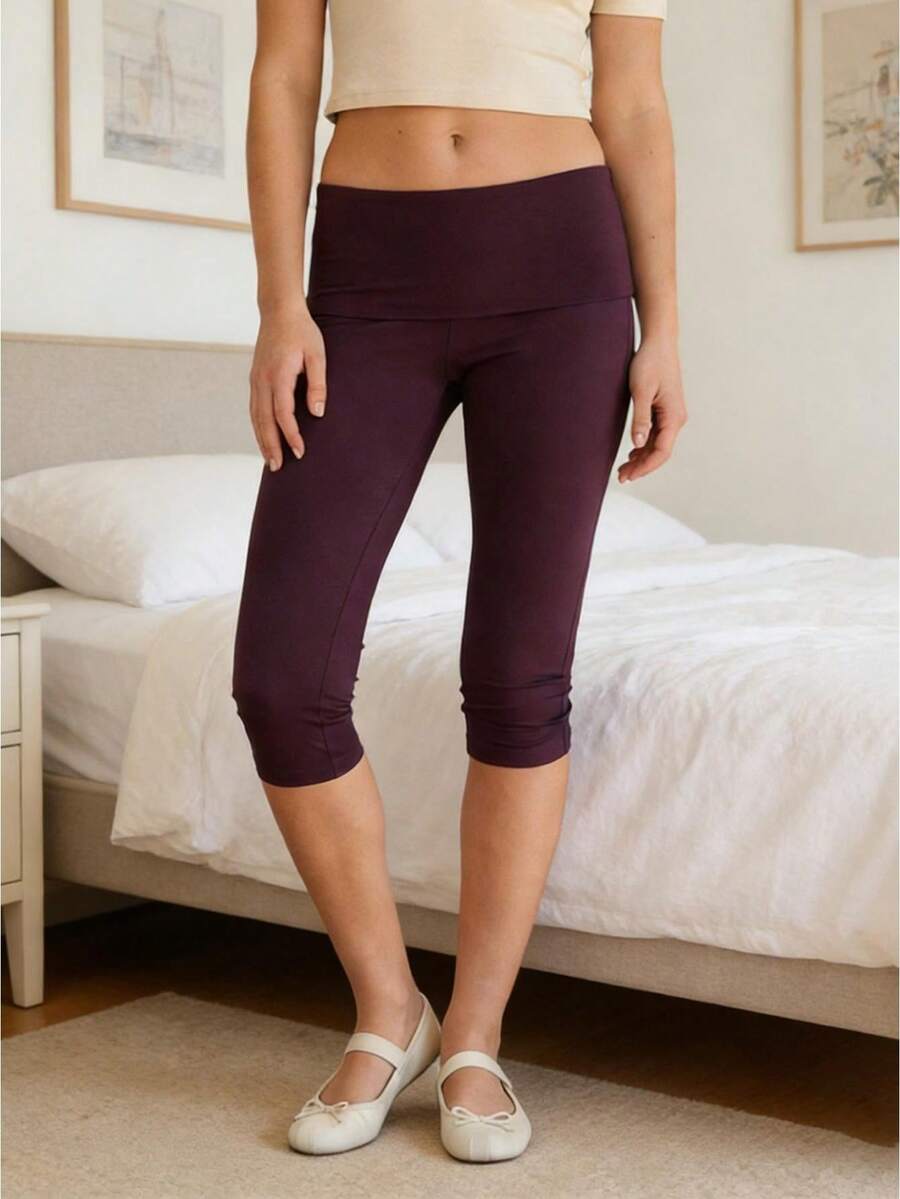 Womens Solid Color Low Rise Capri Pants Fold Over Waistband Slim Fit Cropped Pants Trousers Summer For Yoga Exercise Fitness - 紫色 - 查看 1