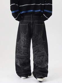 1pc Justice Brother Casual Personalized Print Black Denim Jeans, Loose Wide Leg Pants, Fashion High Street Versatile Black Trousers (Belt And Accessories Not Included) - Black - View 3