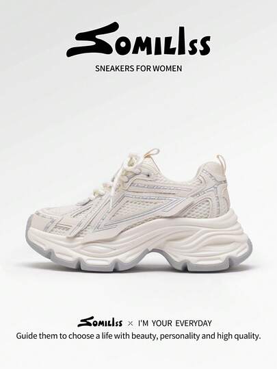 somiliss 2026 New Women's Casual Sports Shoes, Front Lace-Up Leather & Fabric Patchwork, Comfortable Soft Chunky Chunky Sneakers, 6cm Platform, Low-Top Outdoor Walking Shoes, Milky White