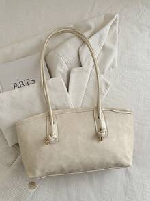 1PC Soft Long Tote Bag With Dual Same-Material Long Shoulder Straps, Knot Metal Closure Decor, Badminton-Shaped Woven Strap Charm, Embossed Letter Logo, Gentle Girl Style Commuter Knot Handbag Design, Convertible Shoulder And Underarm Two-Way Bag, Versatile College Style Commuter School Bag For Women Soft Long Tote Bag Long Dual Handle Shoulder Bag - White - View 10