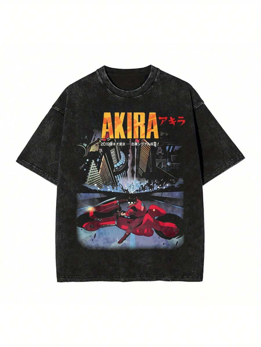2026 Anime "Akira" Printed T-Shirt| Men's And Women's Distressed Short-Sleeve T-Shirts, Round Neck, Casual Style, Loose Fit, Suitable For All Seasons. Loose And Comfortable, Casual And Easy-Going, High-Quality Wax Printed Cotton Retro Fashion Brand T-Shirt, Men's T-Shirt, Beach Must-Have, Men's Summer T-Shirt, Holiday Gift, Perfect Gift, Valentine's Day Gift - 黑色 - 查看 1