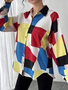 1pc Women's Geometric Plaid Placement Print Shirt, Elegant Collared Long Sleeve Blouse, Comfortable & Breathable, Suitable For Work, Daily Wear, Parties, Weddings, New Year And Other Occasions, An Ideal Gift For Girlfriend, Wife, Mother - Multicolor - View 4