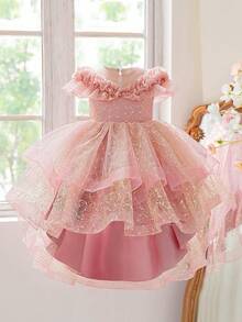 少女圆领蕾丝亮片薄纱优雅奢华钢琴演奏会拖尾礼服，适合婚礼、生日派对、时装秀等场合，不含头饰 - 藕粉色 - 查看 2
