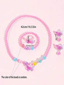 5pcs/Set Children's Butterfly Beaded Jewelry Set Necklace Bracelet Ring Ear Clips Little Girl Princess Costume Accessories - one-size - View 3