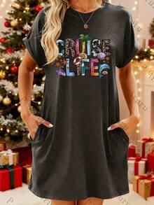 Overseas Heat Transfer Women's Casual Pattern Printed Pocket-Shirt Dress - Short-Sleeved, Round-Neck, Medium Stretch, Washable, Suitable Spring And Summer Daily Fashion, Inspired By Designers, Comfortable To Wear | Elegant Casual Wear |   Fashion Design |   |   Holiday Payment N6BP - 杏色 - 查看 5