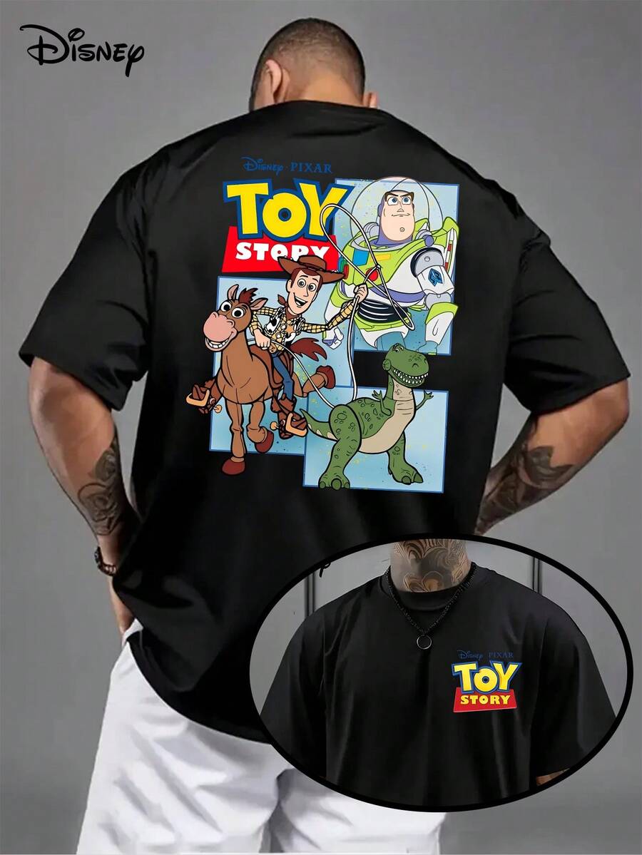 Disney Series & Toy Story Patterned Cotton T-Shirt-Woody And Buzz Lightyear Fun Linkage Pattern Printing, Casual Round Neck T-Shirt, Double-Sided Printed Design, Very Suitable For Disney Fans And Casual Clothes, Everyday T-Shirts With Interesting Patterns And Comfortable Styles. - 黑色 - 查看 1