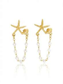1 Pair Creative Fashion Fresh Versatile Elegant Starfish & Seashell Faux Pearl Tassel Earrings For Women - Gold - View 6