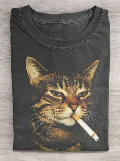 230g Washed Cat Print T-Shirt That Loves Smoking, High-Quality Wax Printed Cotton Retro Fashion Brand T-Shirt, Men's T-Shirt, Beach Must-Have, Men's Summer T-Shirt, Holiday Gift, Perfect Gift