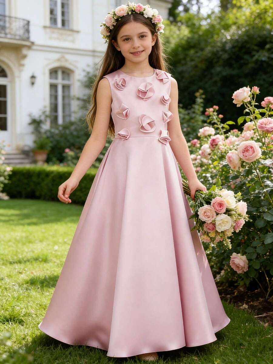 Girls' Elegant 3D Floral Long Satin Dress, Suitable For Birthday Party ...
