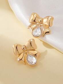 1对经典优雅水钻蝴蝶结时尚休闲百搭耳环，女士款 - 金色 - 查看 3