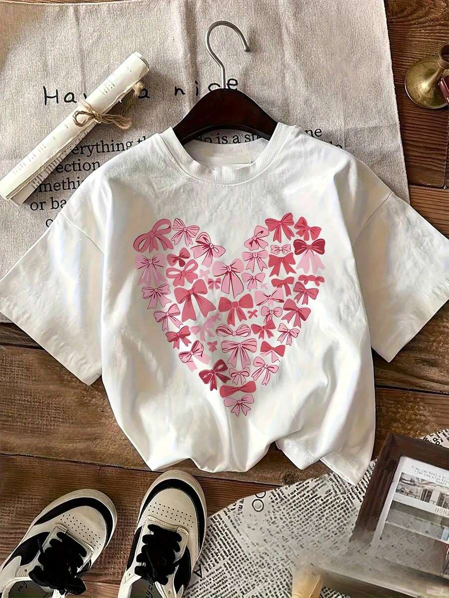 Camiseta Casual de Mujer con Estampado de Corazón Rosa y Lazo, Manga Corta y Cuello Redondo, Suave y Cómoda, Ajuste Holgado y Versátil para el Verano -  , Ideal para Capas y - Blanco - Ver 1