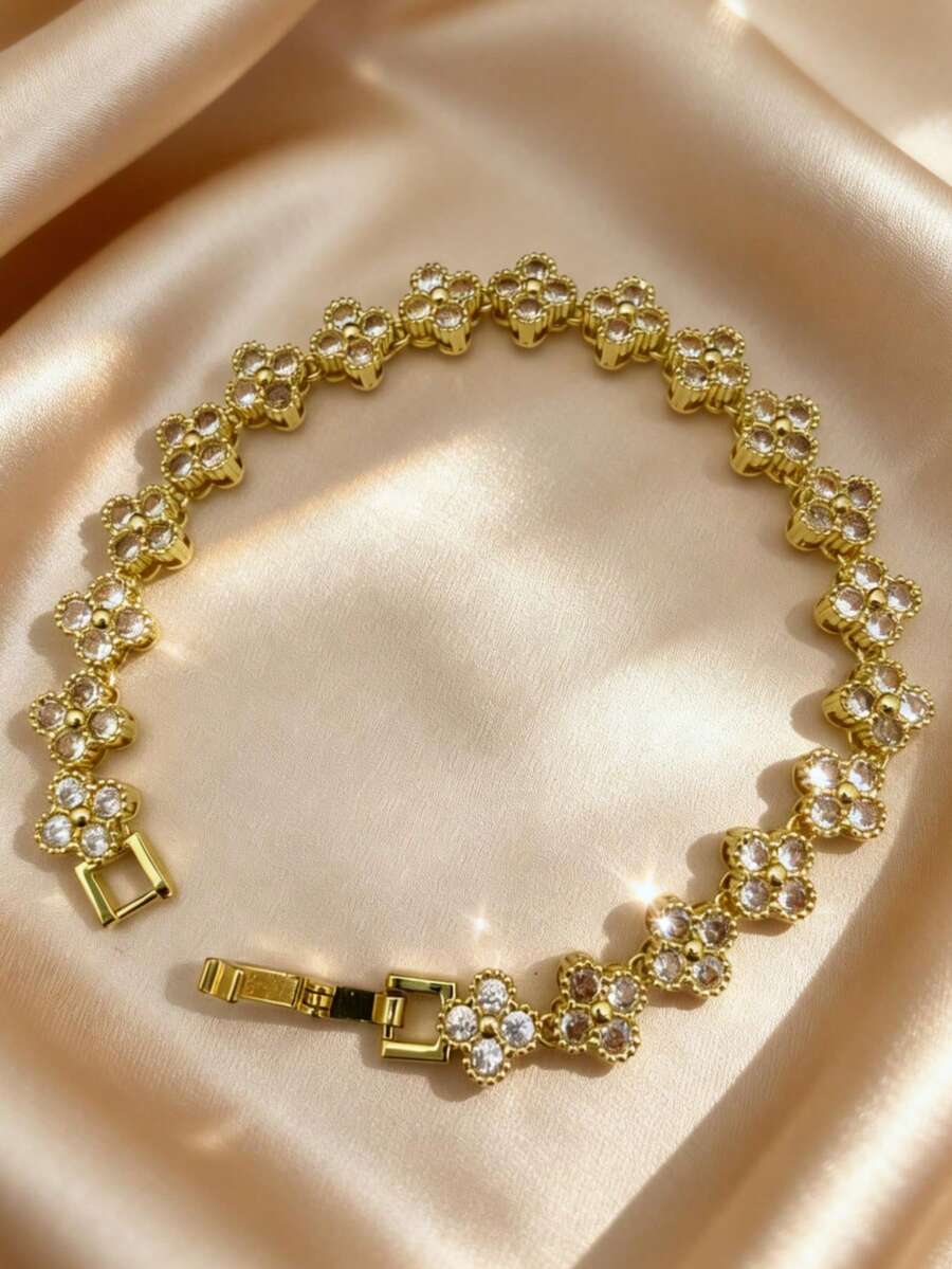 Luxury Sparkling Floral Zirconia Bracelet, Elevates Nighttime Outfits