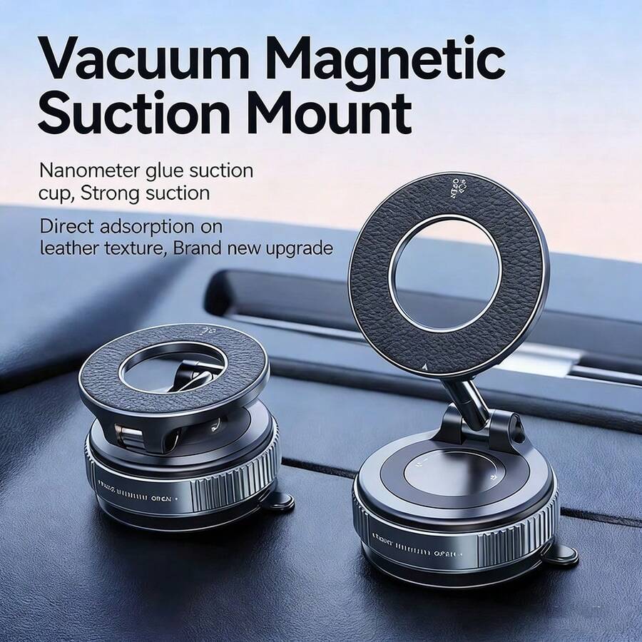 强磁皮革纹理车载手机支架，360°旋转真空吸盘，抗紫外线环氧树脂，通用车载导航支架 - 彩色 - 查看 1