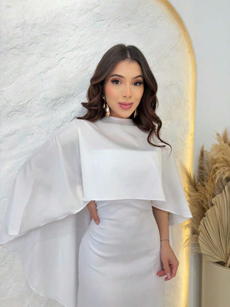 Strapless Midi Dress With Cape - White - View 1