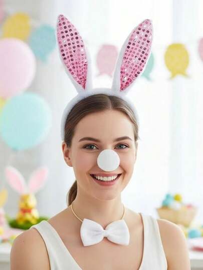 3pcs/Set New Easter & Halloween Bunny Ear Headband Set, Including Hair Hoop, Bow Tie And Plush Tail. Suitable For Various Festivals, Parties, Stage Performances And Other Occasions. Multiple Styles Available.