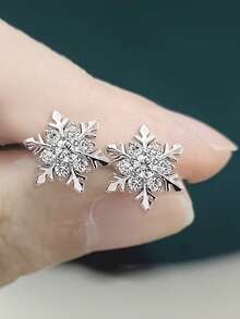 1对S925纯银甜美清新雪花耳钉，女士时尚锆石镶嵌耳环，小巧优雅耳环，节日礼物 - 雪花 - 查看 9