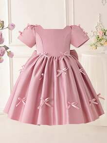 Young Girls' Short Sleeve Faux Pearl Bow Satin Elegant Birthday Party Dress, Suitable For Flower Girl, Wedding, Graduation, Prom, Faux Pearl Decor, Headband Not Included - Dusty Pink - View 5