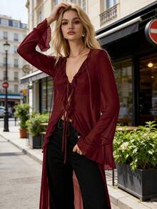 Womens Sheer Ruffle Tops Flare Long Sleeve V Neck Fashion Solid Color Tie up Front Going Out Shirts - Rojo - Ver 3