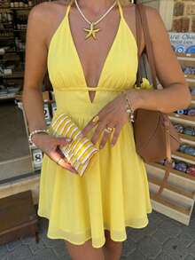 HoloChill 女士无袖A字迷你连衣裙，后背蝴蝶结设计，梭织面料，休闲优雅风格，女士夏季连衣裙，度假连衣裙，优雅派对连衣裙，女士沙滩连衣裙，婚礼宾客连衣裙，女士生日连衣裙，女士优雅连衣裙，女士海滩度假连衣裙，女士休闲连衣裙 - 黃色 - 查看 7