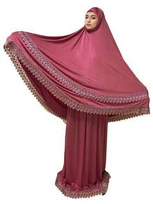 Set de 2 piezas de unicolor con abaya, vestido largo y velo con adorno de encaje, adecuado para uso diario y decoración - multicolor - Ver 30