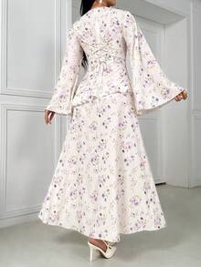 Women's Floral Print Round Neck Long Sleeve Ruffle Hem Elegant Arabic Style Dress - Multicolor - View 7