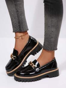 Giày lười nữ đế dày, mũi tròn, da bóng màu đen, thích hợp đi làm hàng ngày, đi học, phù hợp cho mọi mùa. - màu đen - Xem 4