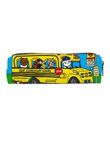 Large Capacity Cylindrical Pencil Case With All-Over Cartoon School Bus Print, Minimalist Design - Cartoon Pencil Case - View 2