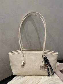 1PC Soft Long Tote Bag With Dual Same-Material Long Shoulder Straps, Knot Metal Closure Decor, Badminton-Shaped Woven Strap Charm, Embossed Letter Logo, Gentle Girl Style Commuter Knot Handbag Design, Convertible Shoulder And Underarm Two-Way Bag, Versatile College Style Commuter School Bag For Women Soft Long Tote Bag Long Dual Handle Shoulder Bag - White - View 4