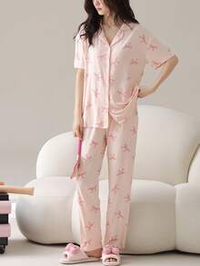 两件套女士睡衣套装，春夏开衫短袖长裤睡衣，亲肤家居服 - 粉色 - 查看 3