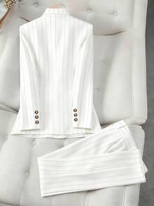 HOMEYEE Striped Suit Set, Double-Breasted Casual Business Suit Jacket And Slim Fit Pants, Versatile Style Suitable For Various Occasions, Business And Vacation - 白色 - 查看 2