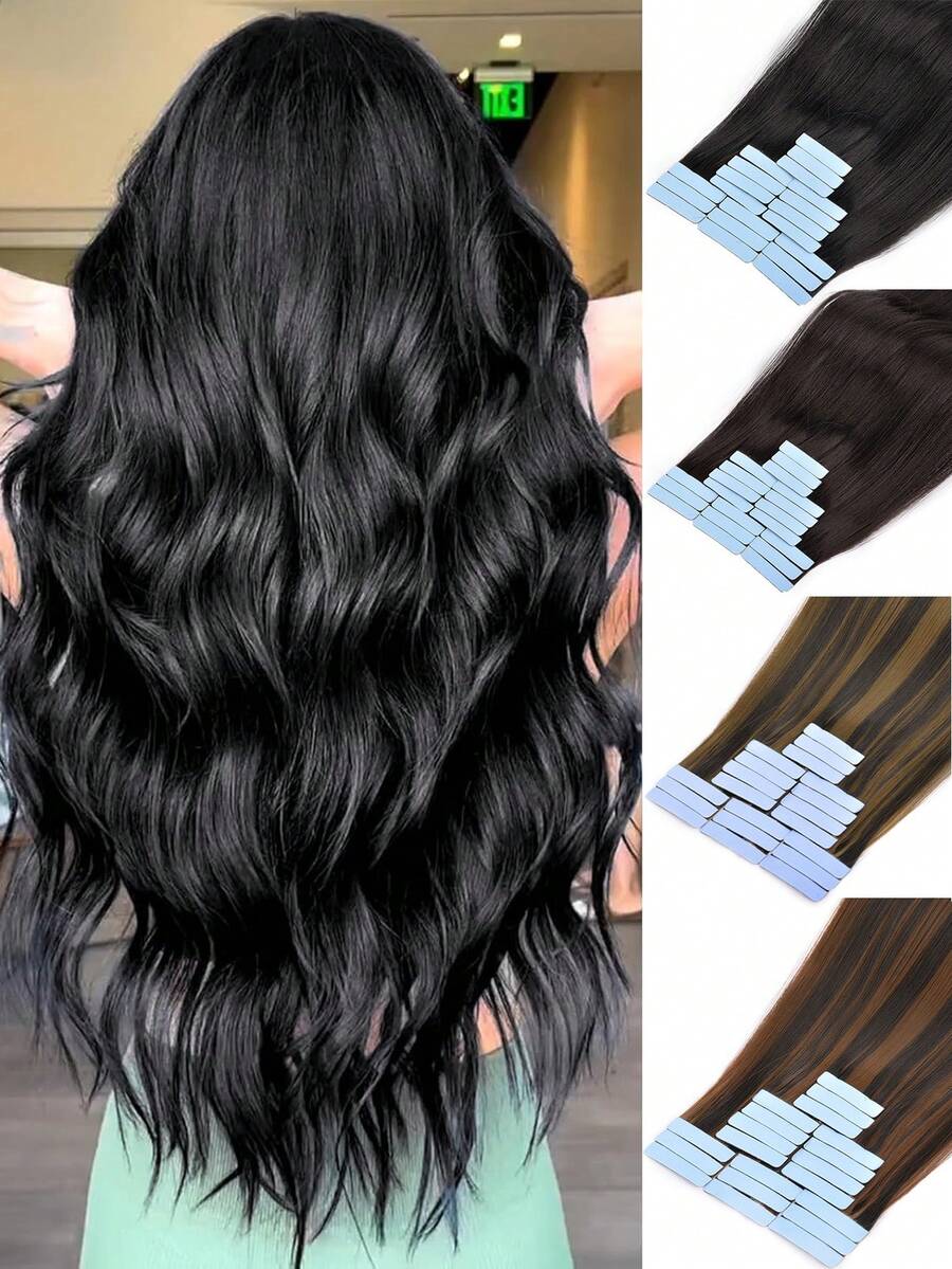 22 Inch High Quality Synthetic Fiber Natural Black & Golden Highlight Seamless Invisible Hair Extension For Women, Daily Use - Multicolor - View 1